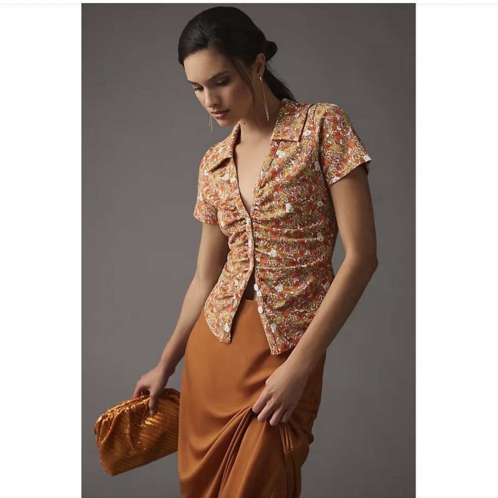 Maeve by Anthropologie Citrus Fruit Printed Button Front Ruched Blouse - Picture 4 of 6